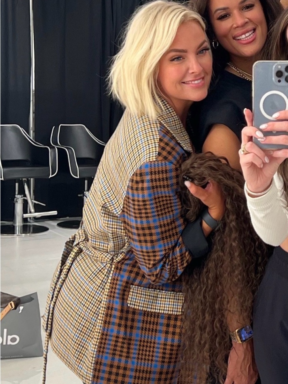 Checked Plaid Belted Blazer in Brown, Blue & Cream